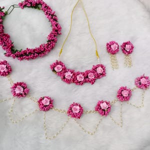 Handmade Artificial Floral Pink Flower Jewelry Set For Haldi, Mehendi Wedding Baby Shower Function Perfect Gift For Her