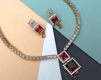 Rode 18k vergulde ketting en oorbellen set, zirkonia sieraden voor vrouwen, bruids bruiloft accessoires, feestkleding sieraden cadeau voor haar