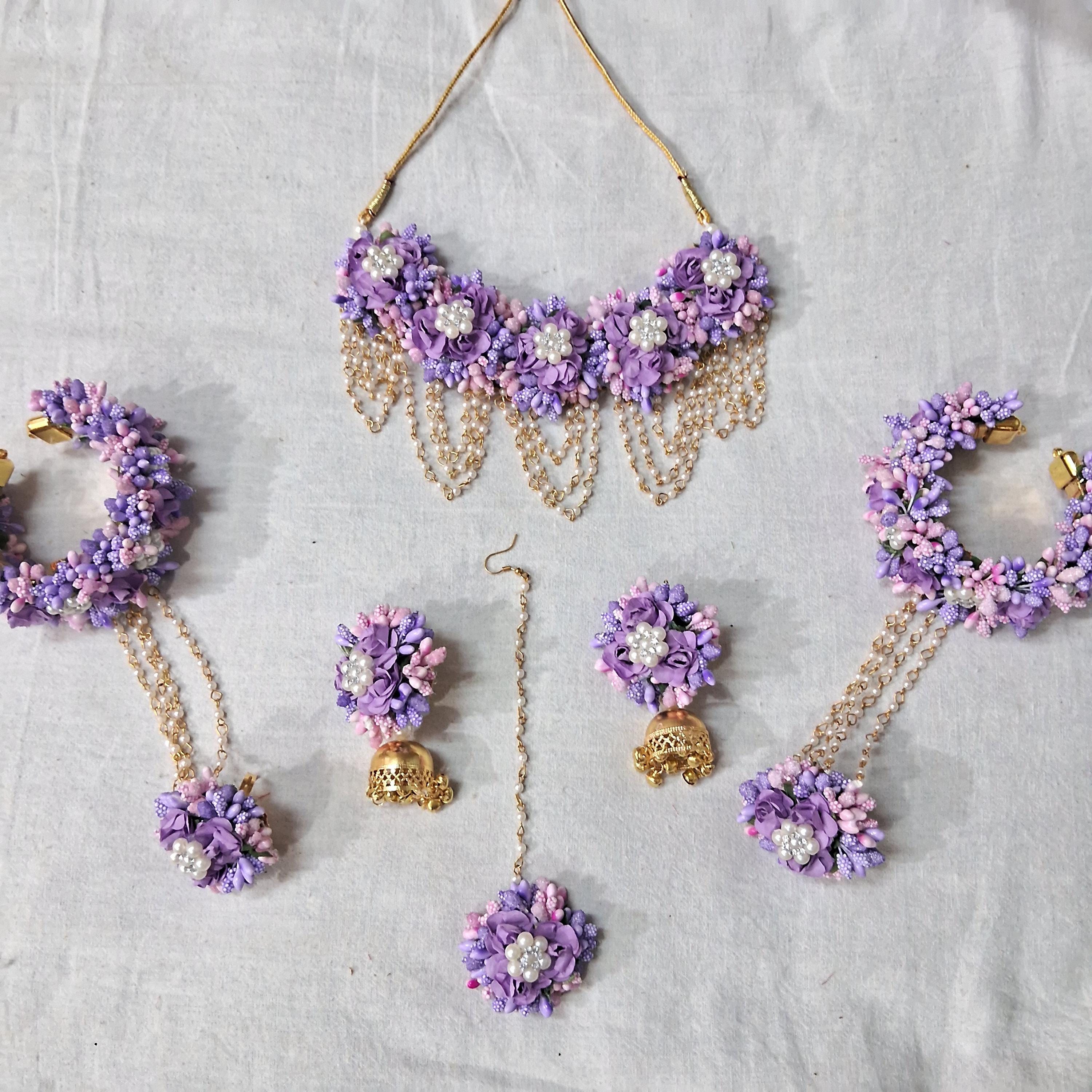 Handmade Artificial Floral Purple and Pink Jewelry Set for Haldi