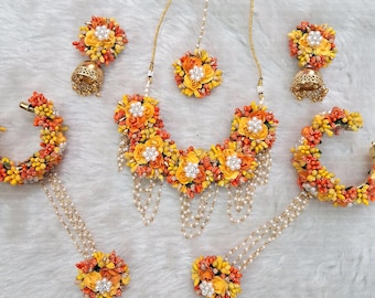 Handmade Floral Yellow and Orange Jewelry Set For Haldi, Mehendi, Mayoon, holud Function Perfect Gift For Her Wedding, bridal jewellery