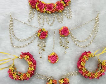 Handmade Artificial Floral Pink, Yellow & Orange Jewelry Set For Haldi, Mehendi, Mayoon Function Perfect Gift For Her Wedding, Pink Jewelry