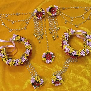 Haldi Flower Jewelry Set | Yellow, Pink And Red Floral Jewelry Set For Mehendi, Wedding Function, Mayoon jewelry, Indian Bridal Jewellery