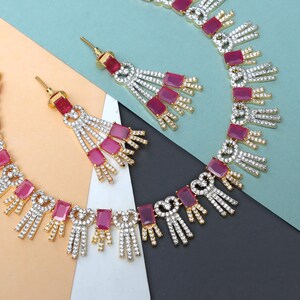 Pink CZ 18k Gold-Plated Necklace & Earring Set, Cubic Zirconia Jewelry for Women, Bridal Wedding Accessories, Party Jewelry Gift for Her