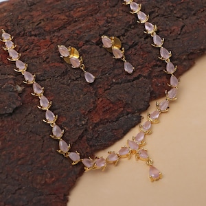 Pink CZ 18k Gold-Plated Necklace & Earring Set, Cubic Zirconia Jewelry for Women, Bridal Wedding Accessories, Party Jewelry Gift for Her