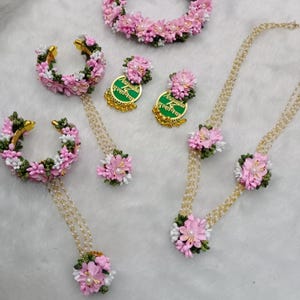 Personalized Handmade Artificial Floral Pink & Green Jewelry Set For Haldi, Mehendi, Wedding Function Perfect Gift For Her Flower Jewelry