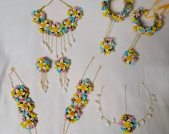 Artificial Floral  Multi Color Cowrie Shell Jewelry Set For Haldi, Mehendi, Wedding Function Perfect Gift For Her Wedding Shipping Worldwide