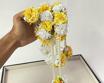 Sanvatsar Pearl & Flower Jewelry Set For Weddings | Haldi | Mehendi | Bridal | Women's Party Wear (YellowPinkBajuband)