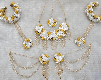 Handmade Artificial Floral White And Yellow Jewelry Set For Haldi, Mehendi, Mayoon Function Perfect Gift For Her Wedding Shipping Worldwide