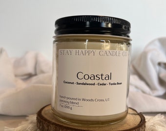 COASTAL  Candle - 7 oz, Natural Soy Blend, Hand-poured, handmade, Spring Candle, Coconut and Sandalwood, Wedding Party, Handmade Gift