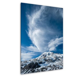 Fine Art Winter Landscape Photograph of Snow Covered Mt Rainier Beneath Sweeping Clouds; Cascade Mountains, Washington, Pacific Northwest