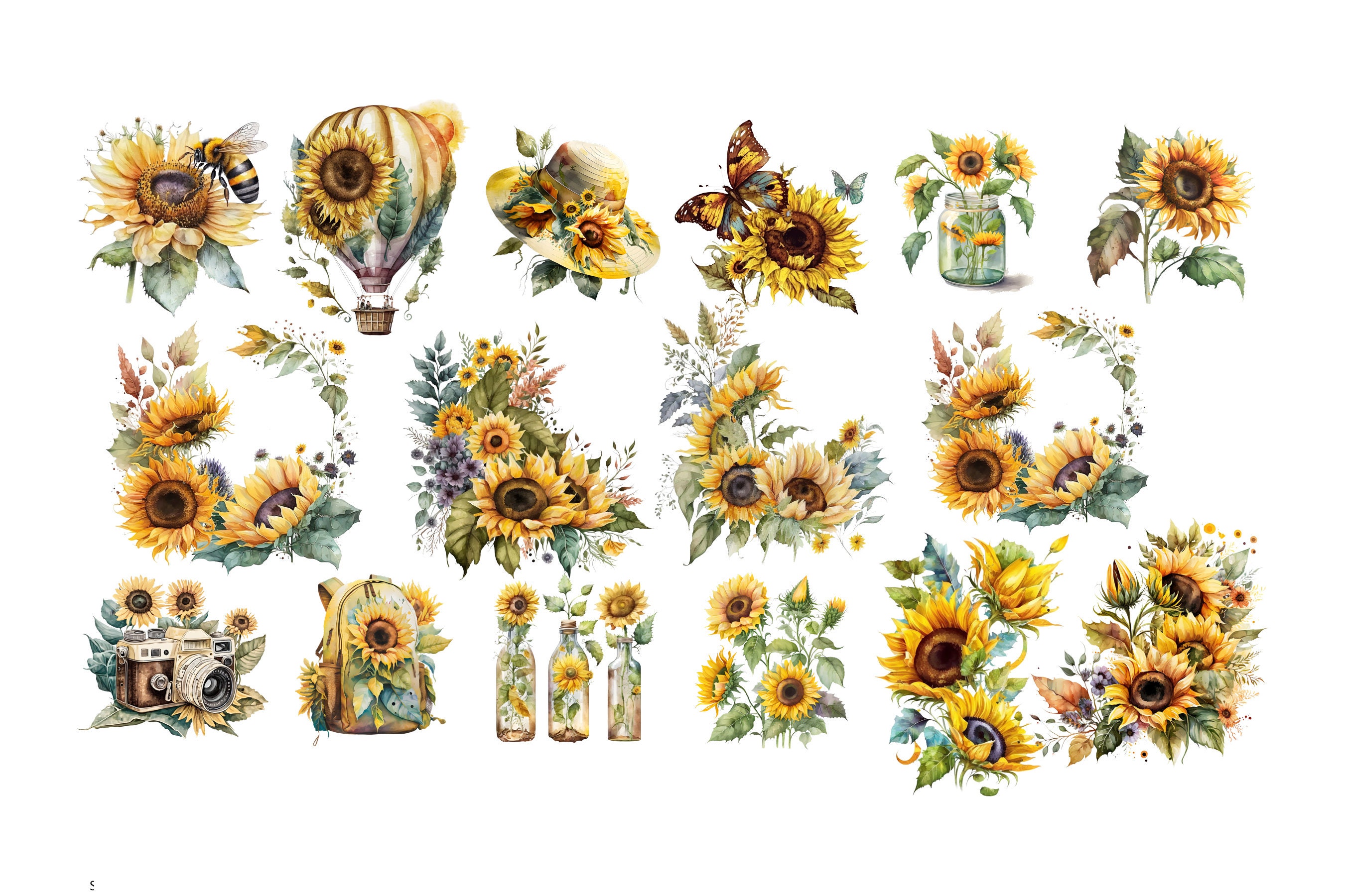 Watercolor Sunflowers Clipart - Fall Sunflower Floral Bouquets ...