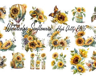 Watercolor Sunflowers Clipart - fall sunflower floral bouquets, Sunflower clipart, Greenery clipart, Watercolor Bouquets, Boho Flowers