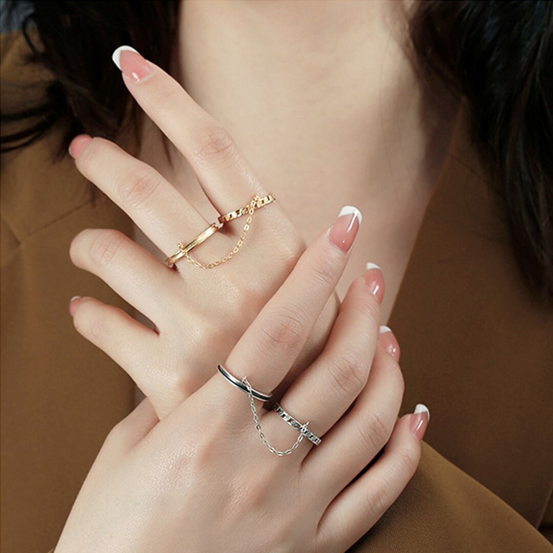 Sterling Silver Double Chain Ring, Handcuff Chain Ring, Knuckle Rings