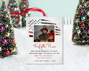 Adorno navideño personalizado de bombero jubilado, bombero con foto personalizada
