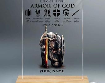 Placa acrílica de luz nocturna, ponerse toda la armadura de Dios, pastor de adoración, hombre de fe, regalo del pastor, regalo para el día del bautismo, bautismo para él