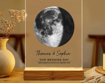 Placa LED acrílica personalizada, fase lunar personalizada - Arte de fase lunar personalizado. Así se veía la luna. Placa acrílica, aniversario de pareja.