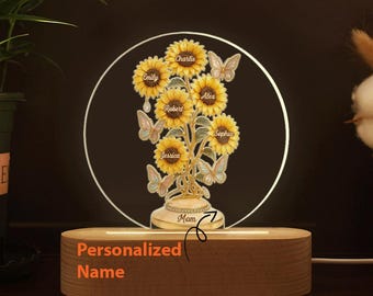 Regali per la festa della mamma, girasoli personalizzati con nome del bambino, lampada da notte in legno, compleanno della mamma