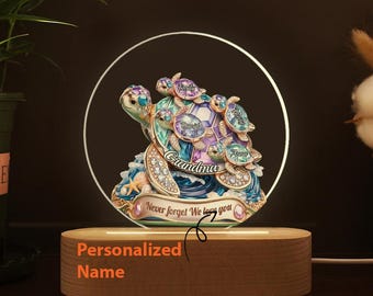 Lampada in legno personalizzata con tartaruga e nome del bambino, regalo di compleanno per la festa della mamma