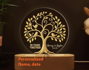 Luce notturna personalizzata per il 50° anniversario, regalo di nozze d'oro per coppia, lampada in legno a LED personalizzata come ricordo per marito e moglie
