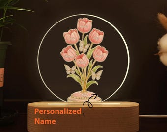 Regali per la festa della mamma, Tulipano personalizzato con nome del bambino, Lampada da notte in legno, Compleanno della mamma