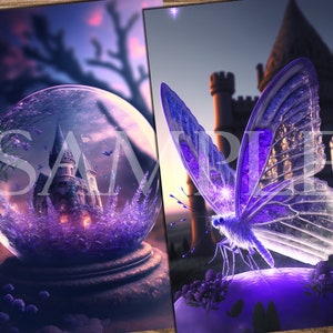 May include: A purple and blue butterfly with iridescent wings sits on a purple flower. The butterfly is in front of a castle with a glowing light inside.