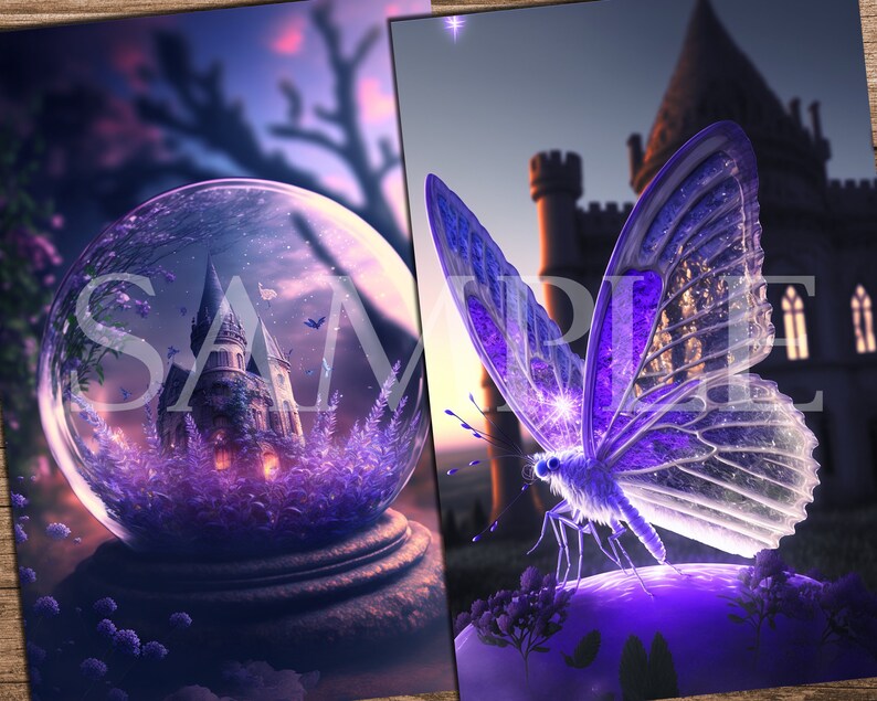 May include: A purple and blue butterfly with iridescent wings sits on a purple flower. The butterfly is in front of a castle with a glowing light inside.