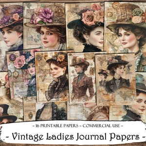 Páginas de diário feminino vintage, kit de diário lixo, papéis digitais, scrapbooking, suprimentos de diário, papéis imprimíveis, coisas efêmeras, artesanato em papel