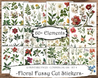 Floral Fussy Cut Stickers: Junk Journal Ephemera (Digital Download)