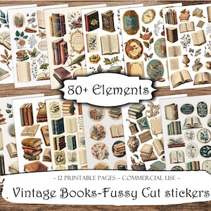 Vintage Books Fussy Cut Printable Stickers, Junk Journal Printable Ephemera, Junk Journal Kit, Scrapbook Supplies, Collage Sheets, Craft