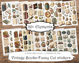Vintage Books Fussy Cut Printable Stickers, Junk Journal Printable Ephemera, Junk Journal Kit, Scrapbook Supplies, Collage Sheets, Craft