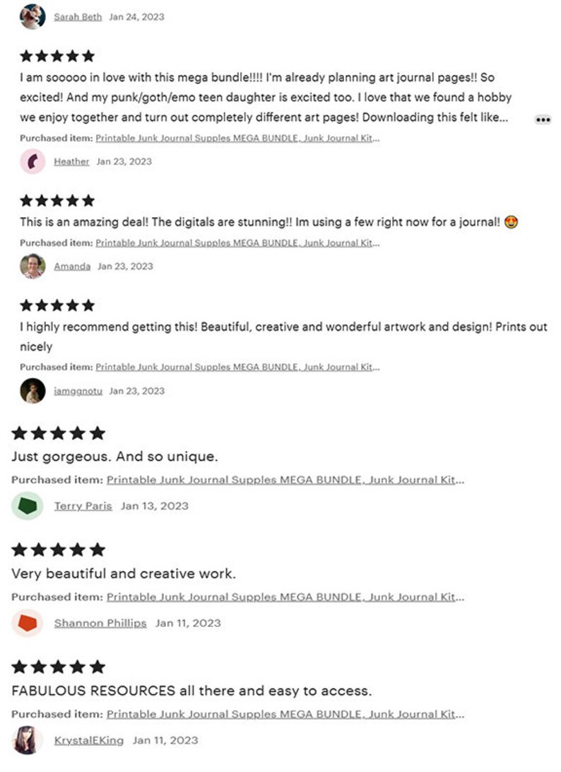 May include: Five-star reviews for a digital printable junk journal supplies mega bundle. The reviews highlight the quality of the artwork and the ease of access to the resources. The reviews are from customers who purchased the product in January 2023.