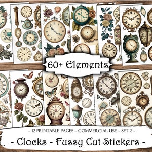 Klokken kieskeurig gesneden afdrukbare stickers, Junk Journal Afdrukbare kortstondige gebeurtenissen, Junk Journal Kit, plakboekbenodigdheden, collagevellen, Paper Craft