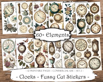 Klockklistermärken med fussy cut-motiv: Vintage-ephemera, scrapbookingtillbehör (digital nedladdning)