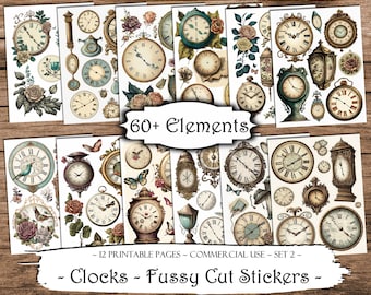 Clocks Fussy Cut Printable Stickers, Junk Journal Printable Ephemera, Junk Journal Kit, Scrapbook Supplies, Collage Sheets, Paper Craft