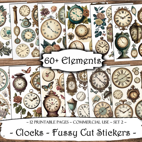 Clocks Fussy Cut Printable Stickers, Junk Journal Printable Ephemera, Junk Journal Kit, Scrapbook Supplies, Collage Sheets, Paper Craft