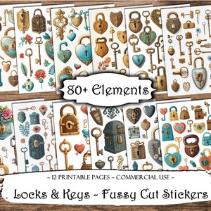 Sloten & sleutels kieskeurig gesneden afdrukbare stickers, junk journal afdrukbare ephemera, junk journal kit, scrapbookbenodigdheden, collagebladen, ambacht