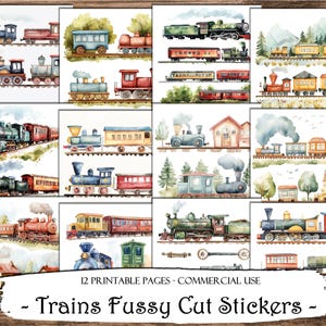 Trains Fussy Cut Stickers: Printable Ephemera for Junk Journals (Digital Download)