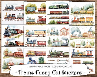 Trains Fussy Cut Stickers: Printable Ephemera for Junk Journals (Digital Download)