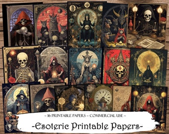 May include: A collage of 16 printable papers featuring dark, gothic, and occult imagery. The papers include illustrations of skeletons, hooded figures, cats, and other mystical elements. The text "Esoteric Printable Papers" is included in the image.