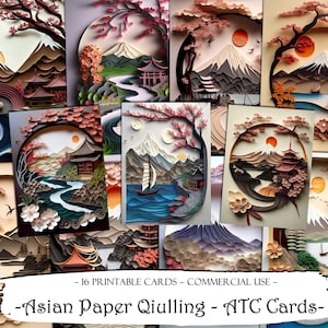 Cartões ATC de quilling de papel asiático, cartões de lixo eletrônico, papel digital, cartões de registro no diário para impressão, scrapbooking para download digital, coisas efêmeras