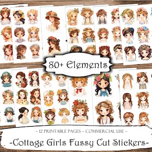 Cottage Girls Fussy Cut Stickers: Junk Journal Ephemera (Digital Download)