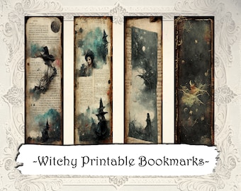 May include: Four printable bookmarks with a witchy theme. Each bookmark features a different image with a witch, a moon, and a dark, vintage aesthetic.