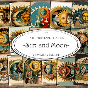 Cartões do Sol e da Lua, cartões de lixo eletrônico, papel digital, cartões de registro no diário para impressão, download digital, álbum de recortes, coisas efêmeras, cartões ATC