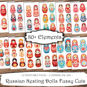 Rosyjskie lalki matrioszki wycinane naklejki, Junk Journal Printable Ephemera, Junk Journal Kit, artykuły do scrapbookingu, arkusze kolażu, papier do rękodzieła
