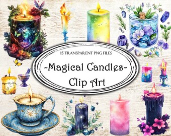 May include: A set of 15 digital clip art images of magical candles. The candles are in various colors and designs, including purple, blue, green, yellow, and pink. Some candles have crystals and flowers around them. The text "Magical Candles - Clip Art" is in the center of the image.