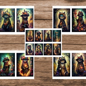 May include: A set of 12 digital illustrations featuring cats wearing witch hats and cloaks, surrounded by autumn leaves and flowers. The cats are in various poses, some holding wands or other magical objects.
