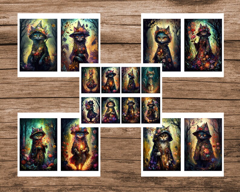 May include: A set of 12 digital illustrations featuring cats wearing witch hats and cloaks, surrounded by autumn leaves and flowers. The cats are in various poses, some holding wands or other magical objects.
