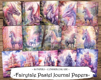 Fairytale Pastel Journal Papers: Unicorns, Dragons, Castles (Digital Papers)