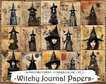 Può includere: Un set di 16 carte digitali stampabili con illustrazioni di streghe in stile vintage su uno sfondo di carta invecchiata e usurata. Le carte sono perfette per lo scrapbooking, la creazione di biglietti e altri lavoretti di carta.