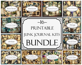May include: A collage of 16 printable junk journal kits, each featuring a different theme, such as "Secret Garden", "Steampunk", "Mystical Forest", "Alice in Wonderland", "Underwater Kingdom", "Pirates", "Vikings", "Haunted Castle", "Fortune Teller", "Native American", "Spring Garden", and "Ancient Egypt".